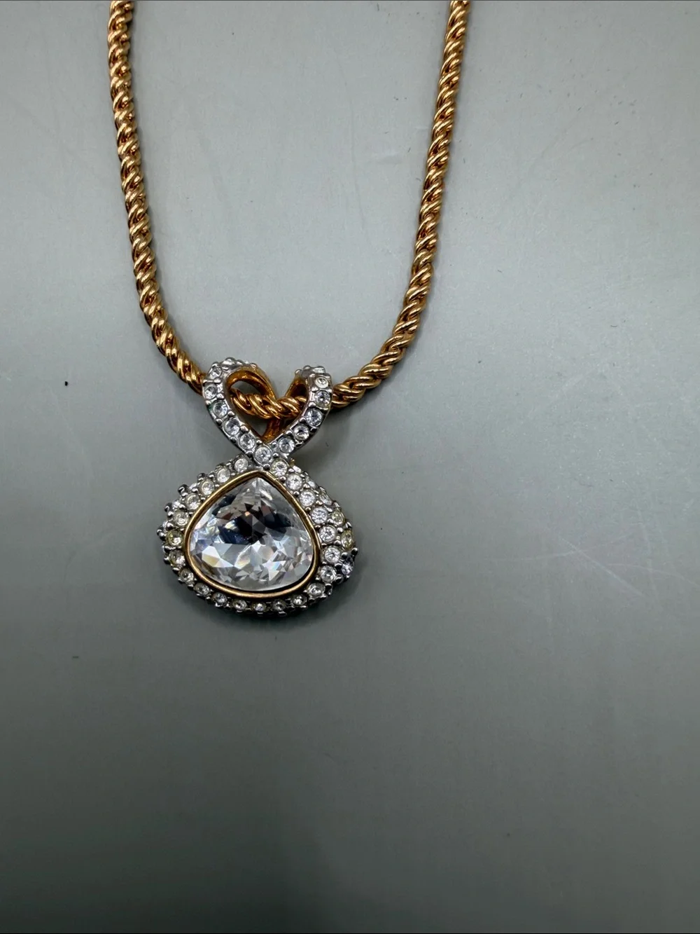 Vintage Swarovski Crystal Pendant Necklace, Clear Teardrop Pendant 16 inches